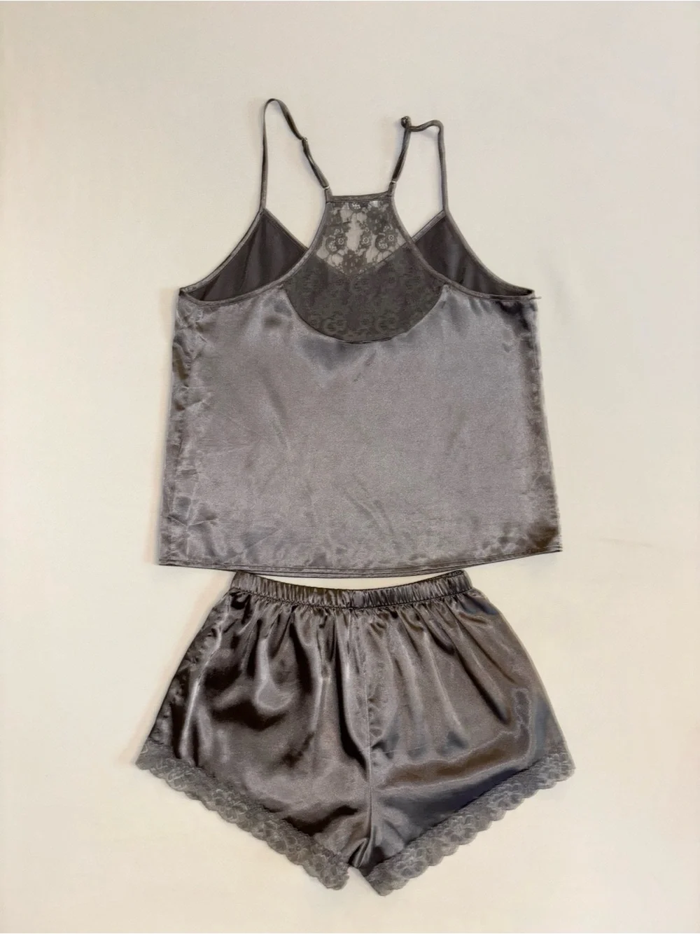 EKOUER Gray Satin Lace Cami & Shorts Pajama Set M